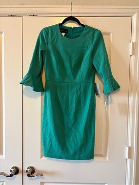 Donna Morgan Teal Green Sheath Dress with Ruffle Sleeves